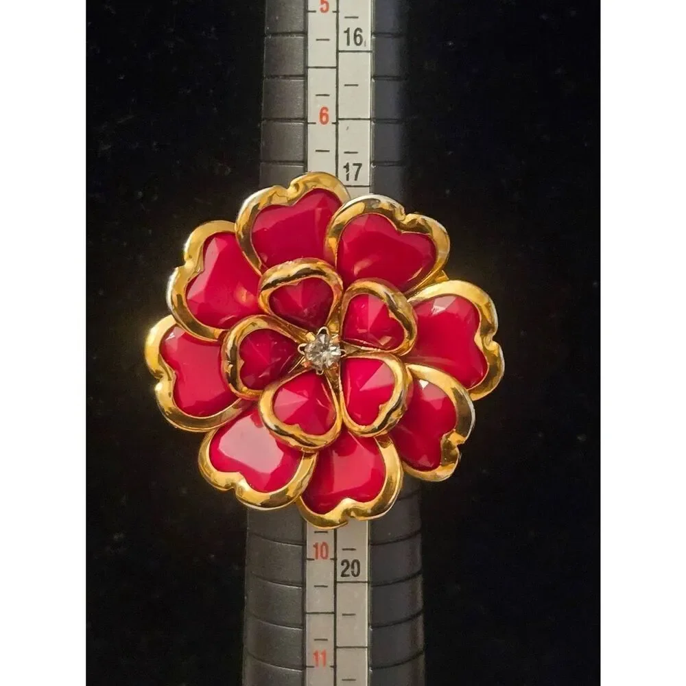 Women's Vintage Red Bead Flower W/ Gold Tone Adjustable Ring